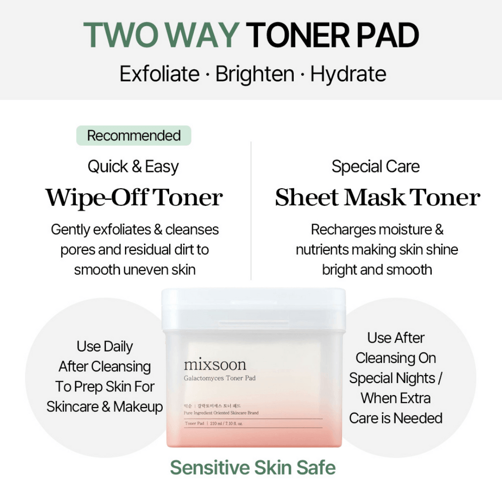 mixsoon Galactomyces Toner Pad for exfoliating, brightening, and hydrating skin safely and effectively.