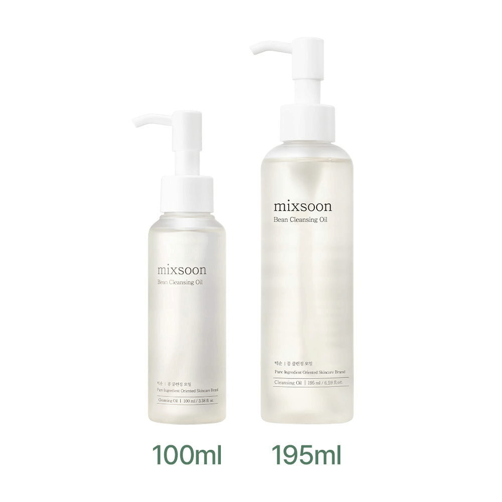 mixsoon Bean Cleansing Oil in 100ml and 195ml bottles for effective makeup removal and skincare.