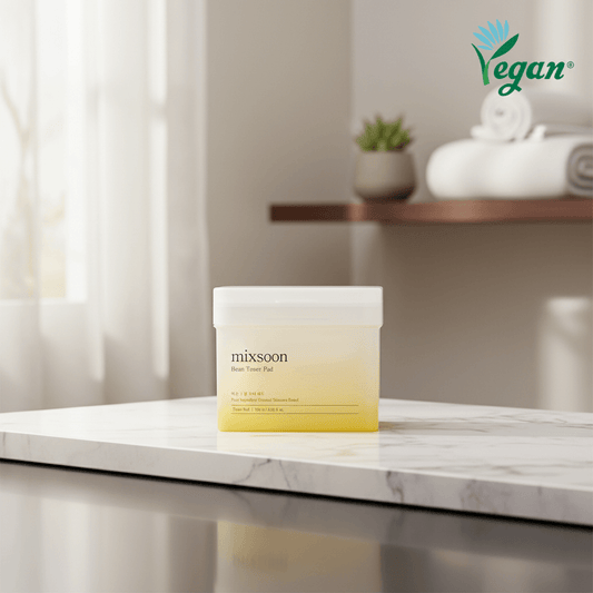 mixsoon Bean Toner Pad packaging in a clear container with a yellow gradient, promoting smooth and hydrated skin.