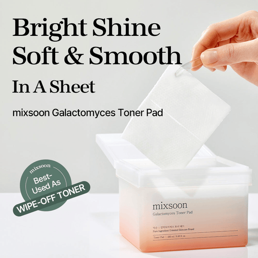 mixsoon Galactomyces Toner Pad package with a toner pad being held, highlighting bright shine and smoothness in skincare routine.