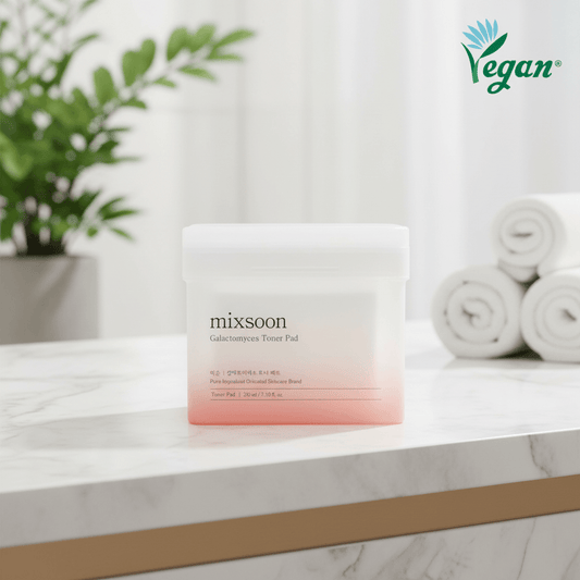 mixsoon Galactomyces Toner Pad packaging for brightening and hydrating skin, vegan skincare product.