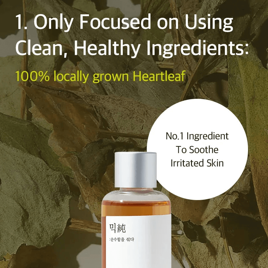 mixsoon Heartleaf Essence bottle with text highlighting clean ingredients and heartleaf's soothing properties.
