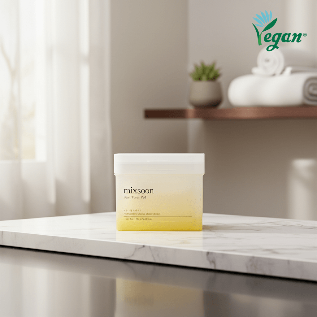 mixsoon Bean Toner Pad packaging in a clear container with a yellow gradient, promoting smooth and hydrated skin.