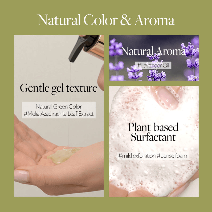 Natural Color & Aroma showcasing d'Alba Mild Skin Balancing Vegan Cleanser's gentle gel texture and lavender oil aroma.