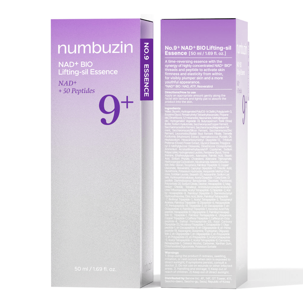 numbuzin No.9 NAD+ BIO Lifting-sil Essence packaging for Korean face products, designed to firm and revitalize skin.