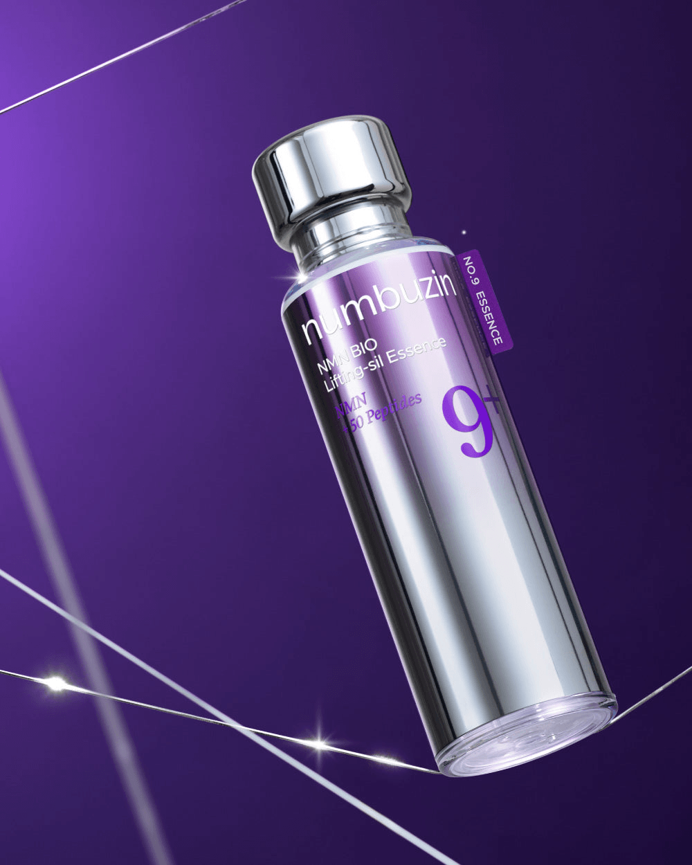 numbuzin No.9 NAD+ BIO Lifting-sil Essence bottle on a purple background, ideal for firming aging skin.