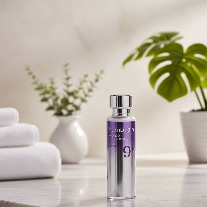 numbuzin No.9 NAD+ BIO Lifting-sil Essence bottle on a marble surface with towels and plants in the background.