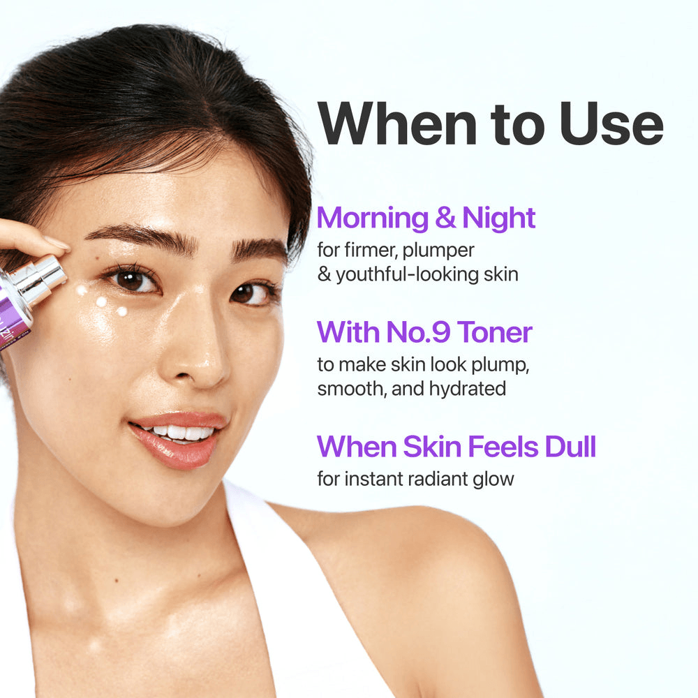 Woman using numbuzin No.9 NAD+ BIO Lifting-sil Essence for firm, plumper, and youthful-looking skin.