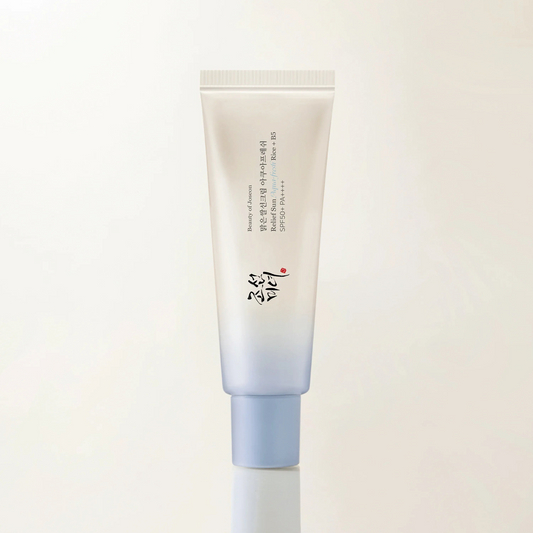 Relief Sun Aqua-Fresh Rice B5 SPF50 sunscreen tube on a light background with a stylish design.