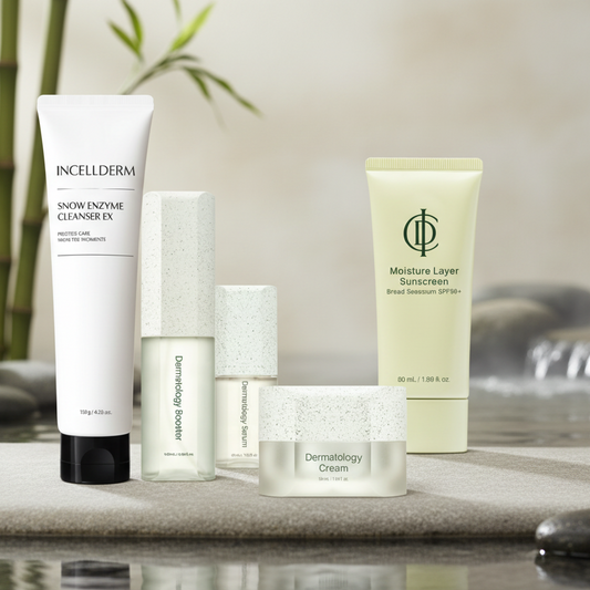 Set of skincare products including cleanser, moisturizer, and sunscreen on a white background