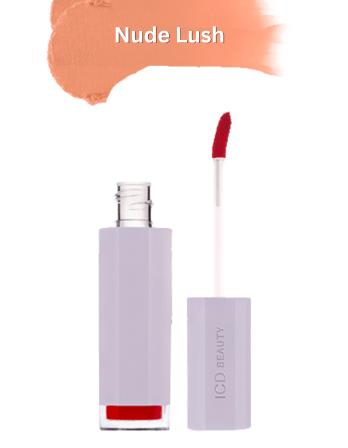 Riman ICD Makeup Butter Lip Tint Velvet Matte in Nude Lush shade with applicator and bottle design.