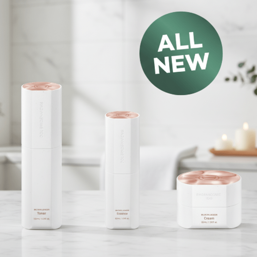 Riman ICD Radiansome 100 Advanced Ritual Set featuring toner, essence, and cream with a modern design.