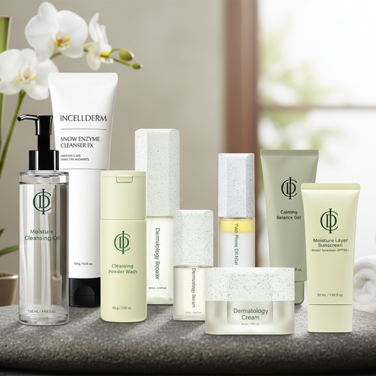 Collection of skincare products from Incellderm on a white background