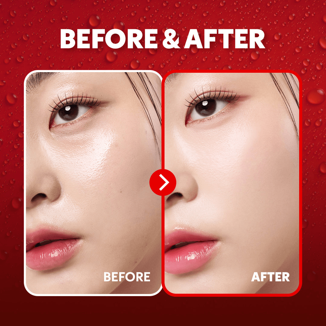 Comparison of skin before and after using TIRTIR Mask Fit Makeup Fixer, showcasing improved smoothness and shine control.