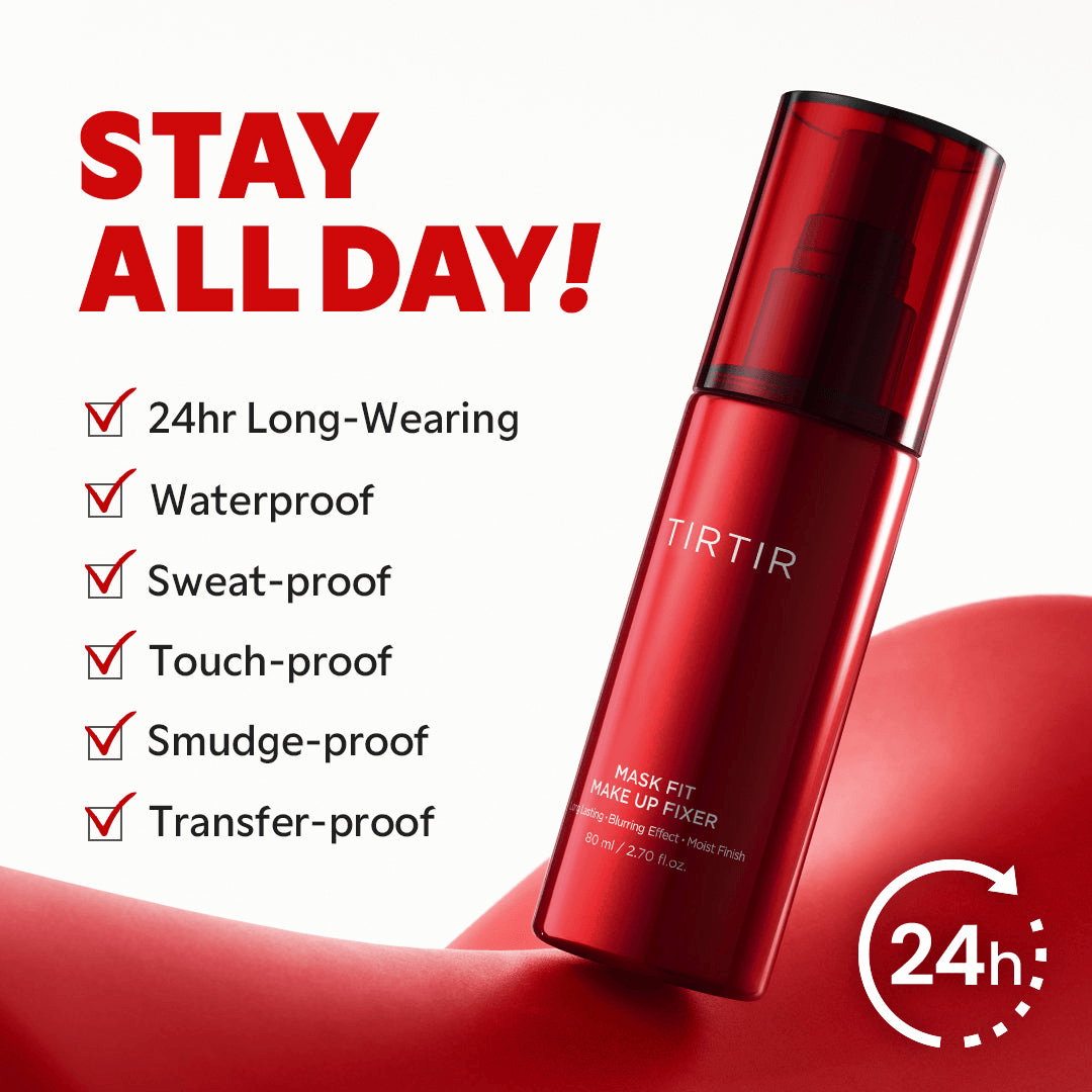 TIRTIR Mask Fit Makeup Fixer with 24hr long-wearing benefits, waterproof and sweat-proof setting spray for flawless makeup.