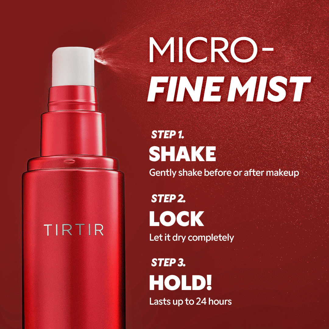 TIRTIR Mask Fit Makeup Fixer in a spray bottle demonstrating micro-fine mist application steps.