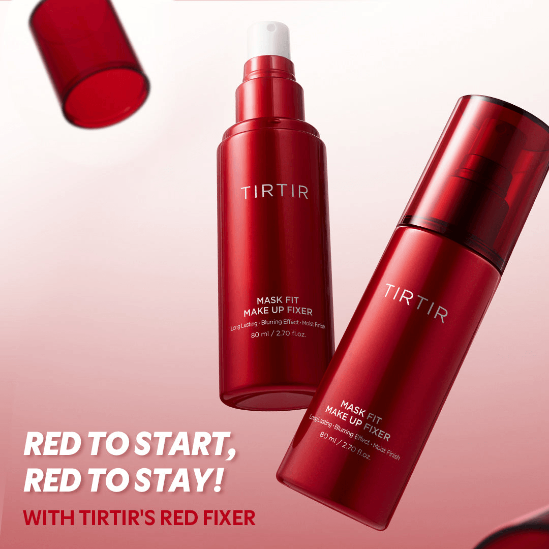 TIRTIR Mask Fit Makeup Fixer spray bottles showcasing Korean face products for long-lasting makeup.