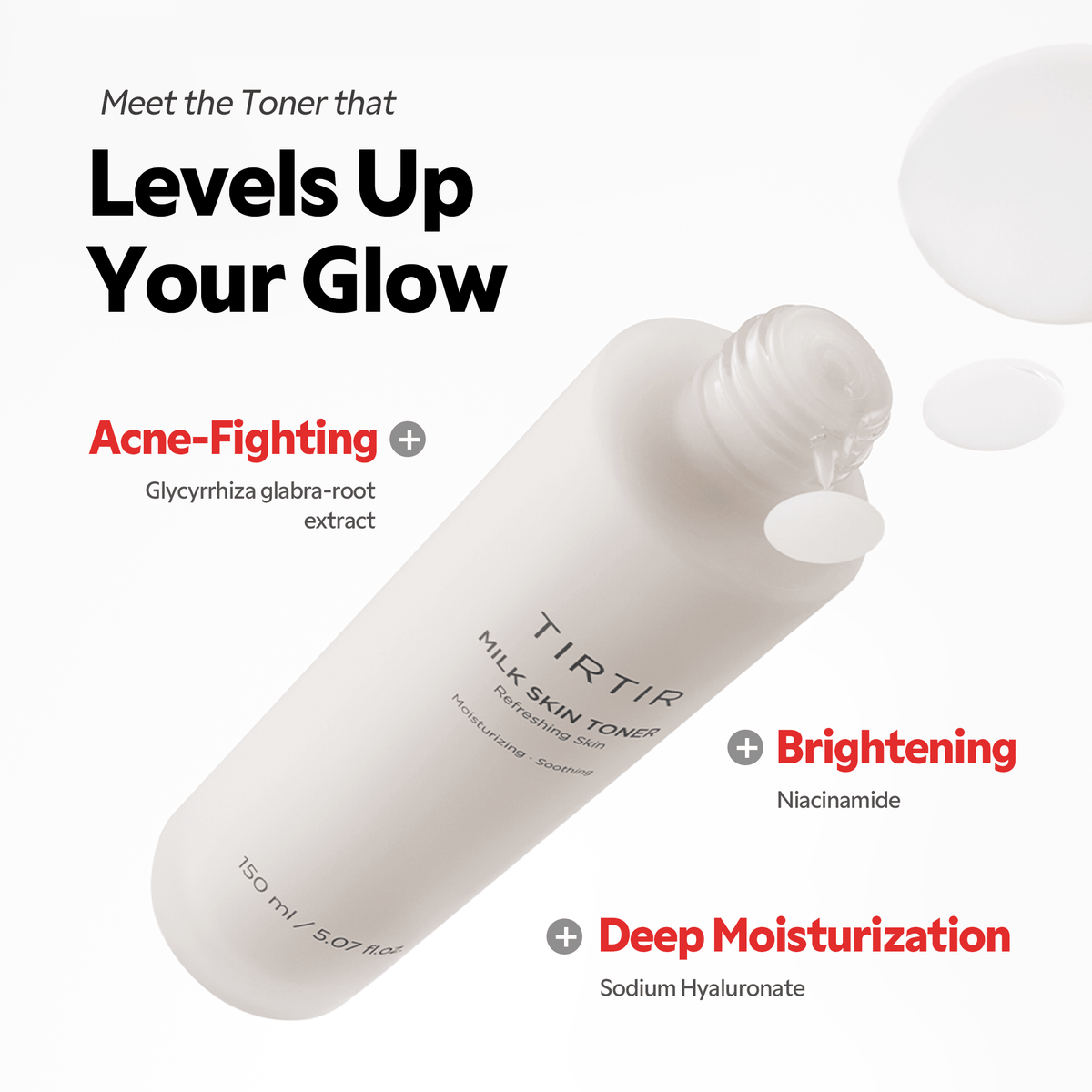 TIRTIR Milk Skin Toner bottle with hydration and glow benefits, featuring Korean face products for skincare.
