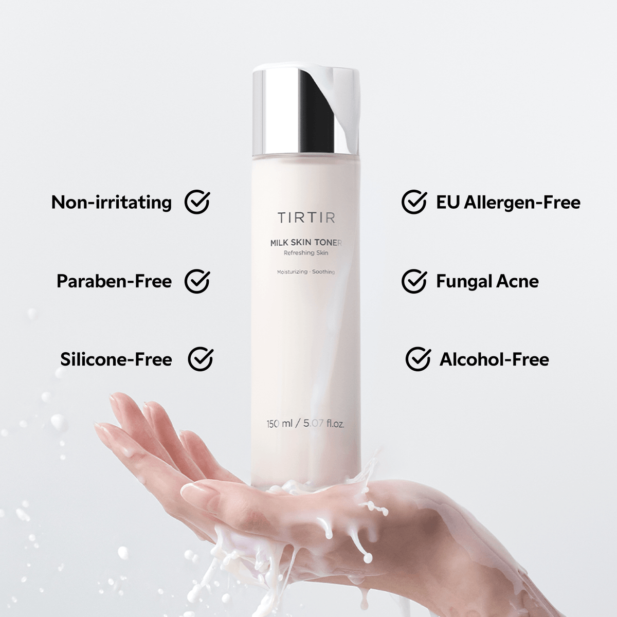 TIRTIR Milk Skin Toner in hand with features like paraben-free, alcohol-free, ideal for Korean face products.