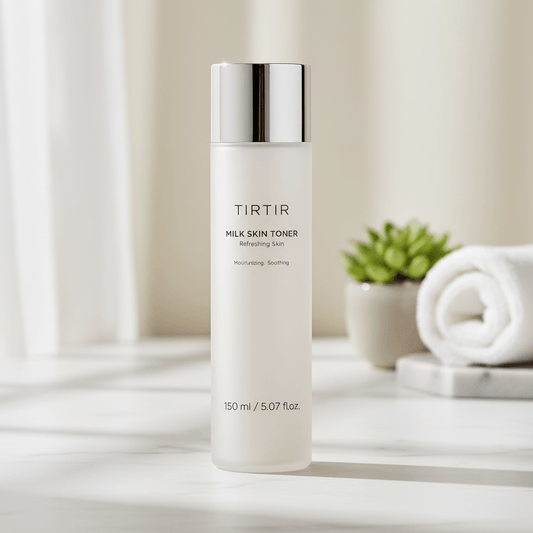 TIRTIR Milk Skin Toner bottle on a table with plant and towel, perfect for Korean face products hydration.