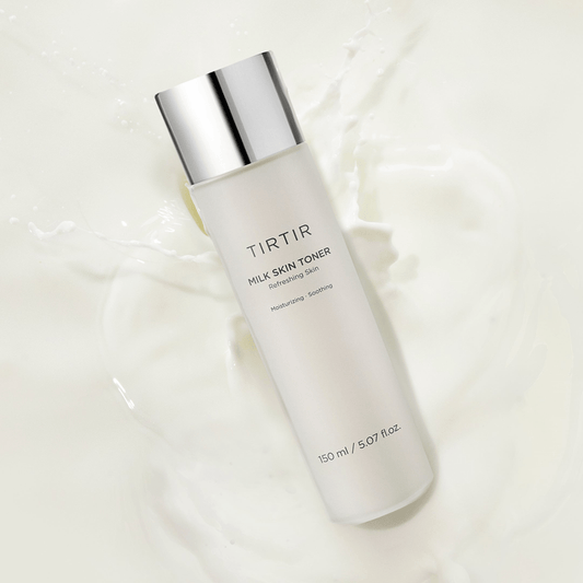 TIRTIR Milk Skin Toner bottle on a creamy background, refreshing and hydrating Korean face products.