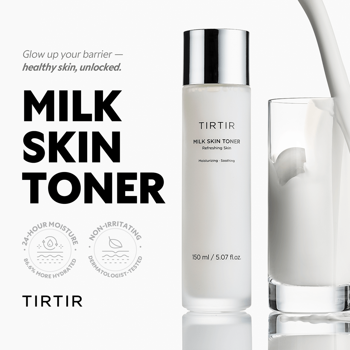 TIRTIR Milk Skin Toner bottle with glass, a moisturizing toner for glowing skin, part of Korean face products.